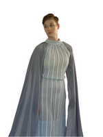 “Moonlit Grace – Sheer Panel Gown with Draped Cape”