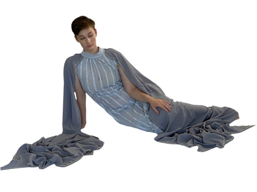 “Moonlit Grace – Sheer Panel Gown with Draped Cape”