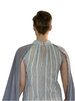 “Moonlit Grace – Sheer Panel Gown with Draped Cape”