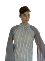 “Moonlit Grace – Sheer Panel Gown with Draped Cape”
