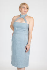 Azure Linen Modular Dress with Detachable Neckline