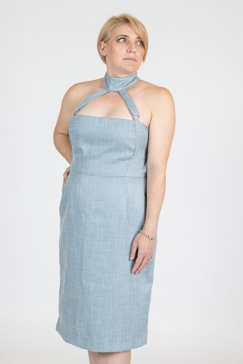 Azure Linen Modular Dress with Detachable Neckline